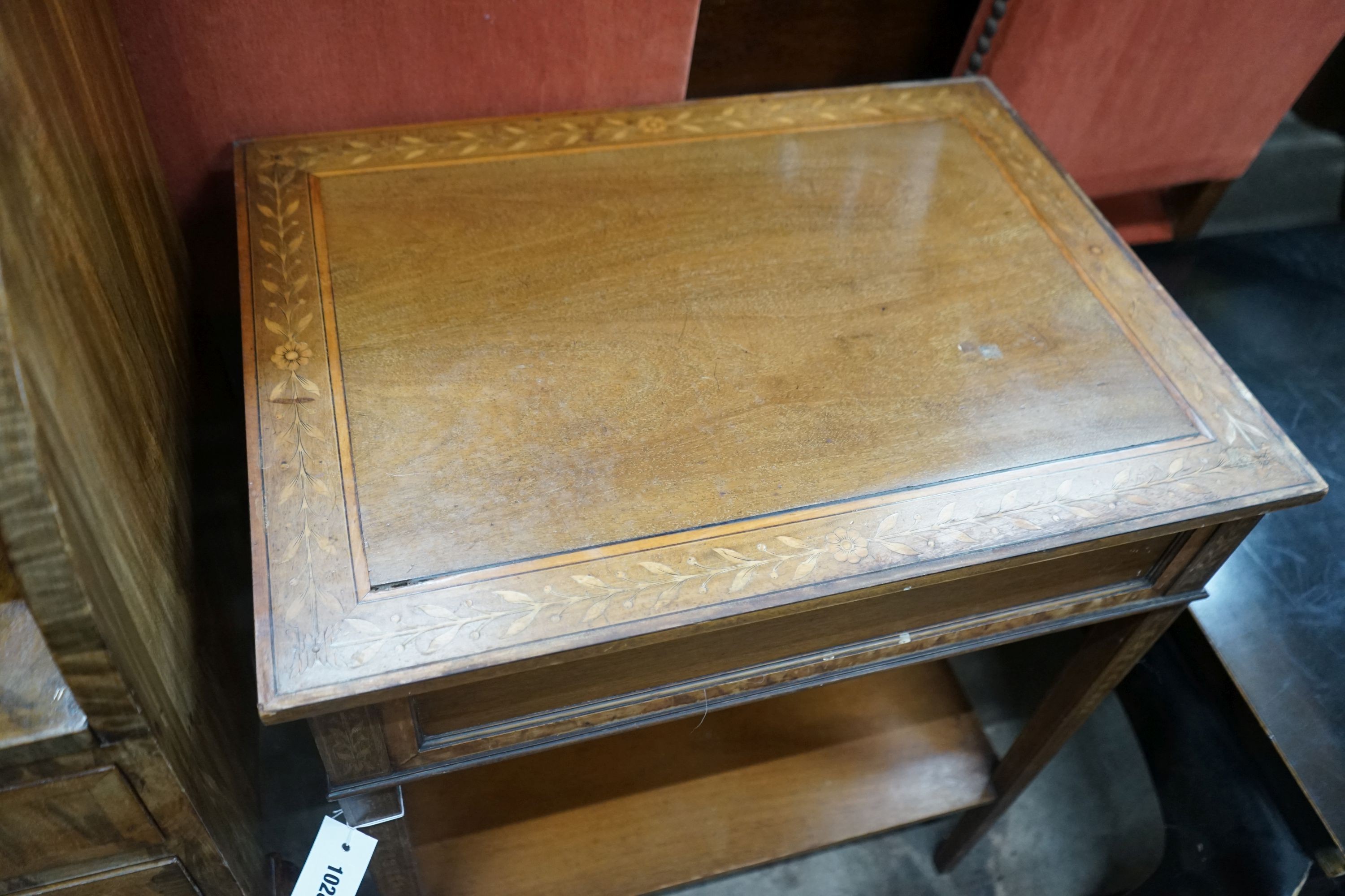 An Edwardian rectangular marquetry inlaid mahogany bijouterie style table, width 61cm, depth 46cm, height 72cm